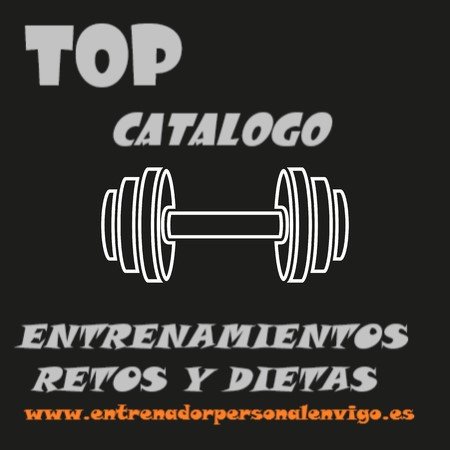 dibujo de una mancuerna en el centro en la que se lee TOP catalogo entrenamientos, retos y dietas www.entrenadorpersonalen vigo.es