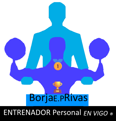 Logotipo de entrenador personal en Vigo Borja Rivas que muestra a un entrenador ayudando a levantar a un cliente dos mancuernas por encima de su cabeza