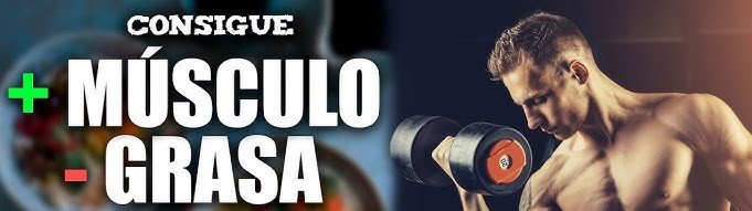 culturista levantando una mancuerna con su brazo derecho y sin camiseta con la frase consigue + musculo -grasa