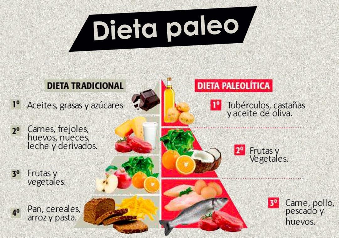 pirámide nutricional haciendo una comparativa entre alimentos todo tipo de tradicionales y los de tipo paleolítico pertenecientes a la dieta paleo