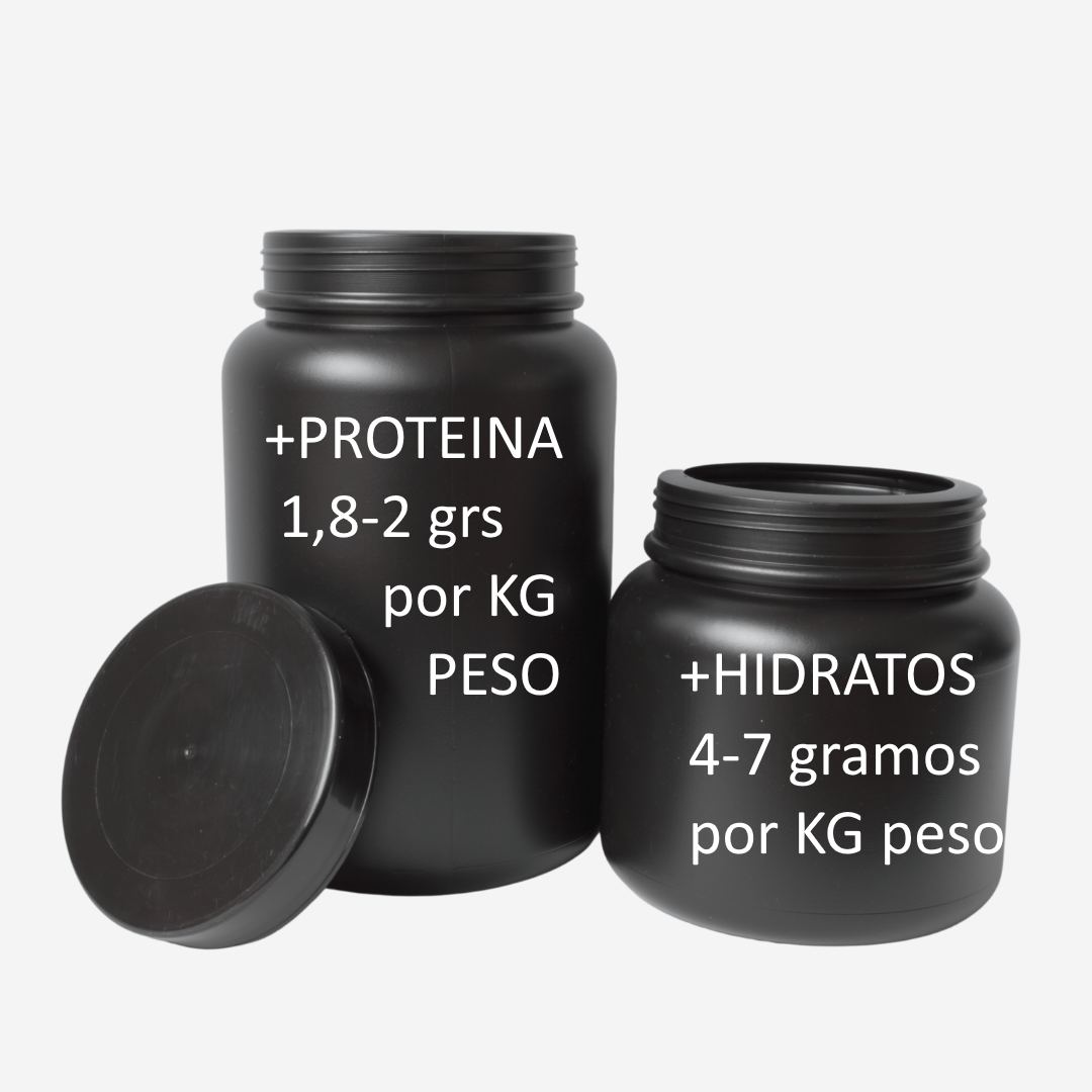 Dos tarros de color negro y una tapa donde se lee además en el bote situado a la izquierda + PROTEINA 1.8-2 grs por KG PESO y en el bote situado a la derecha HIDRATOS 4-7 gramos por KG peso