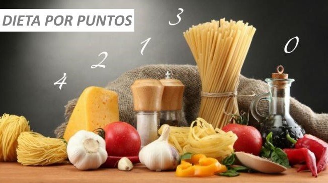 el aceite de oliva aparece con puntuación 0, la sal y especias puntúan 1, los vegetales expuestos 2, la pasta 3 y finalmente al queso se le otorga un 4, además se lee también dieta por puntos