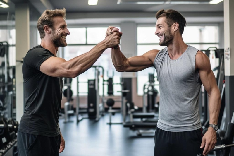 dos clientes de un gimnasio se chocan la mano derecha