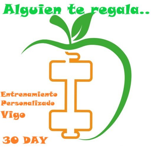 una mancuerna y una manzana junto a la descripción entrenamiento personalizado Vigo 30 day