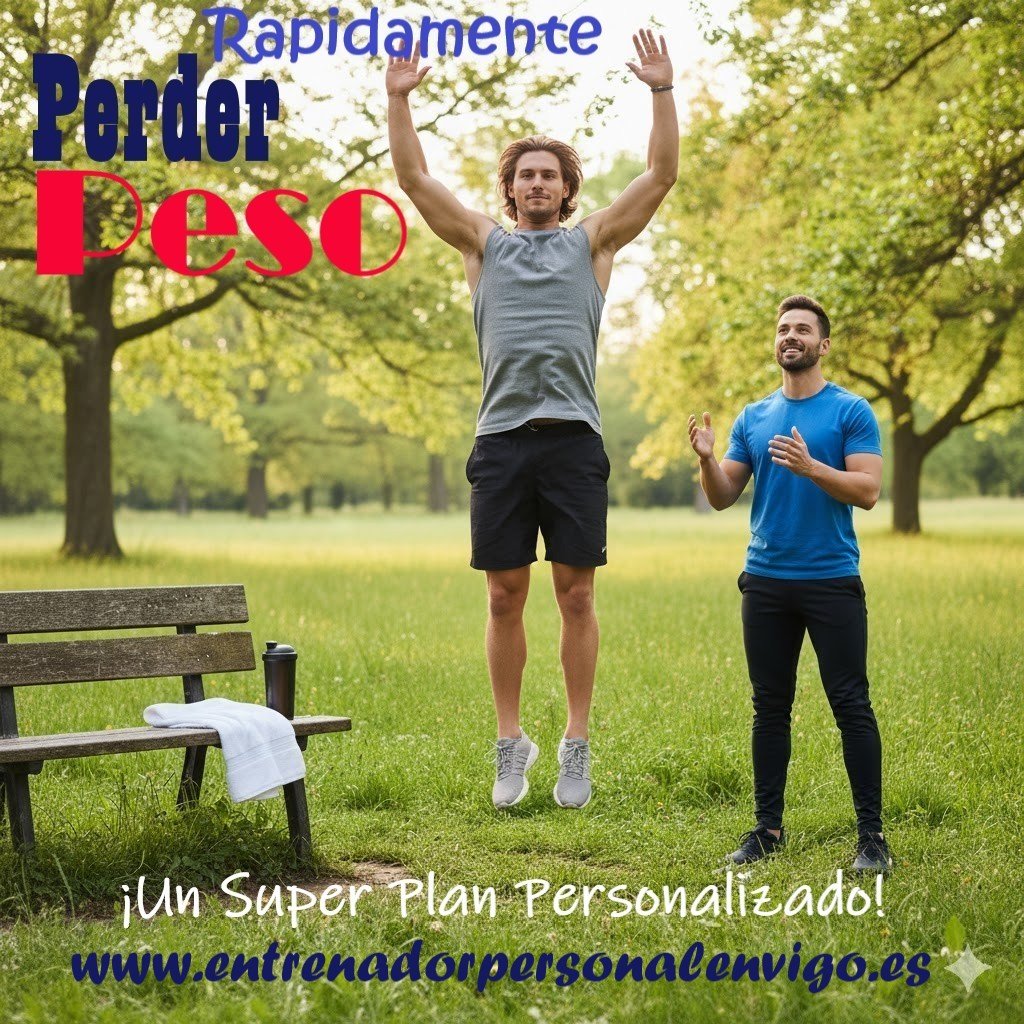 un hombre salta elevando a la vez sus brazos por encima de su cabeza en una zona verde mientras su entrenador personal se alegra al verle progresar en el mismo ejercicio