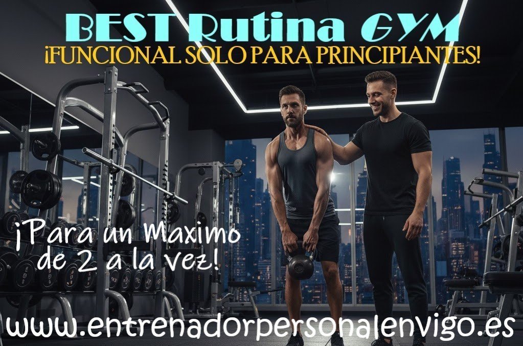 un usuario de gimnasio realiza un ejercicio con una pesa elevándola con ambas manos mientras su entrenador personal le pasa la mano por encima del hombro