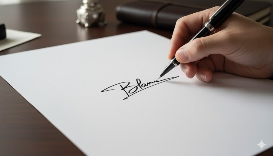 mano derecha de persona escribe con un bolígrafo sobre un papel en donde se puede ver una firma