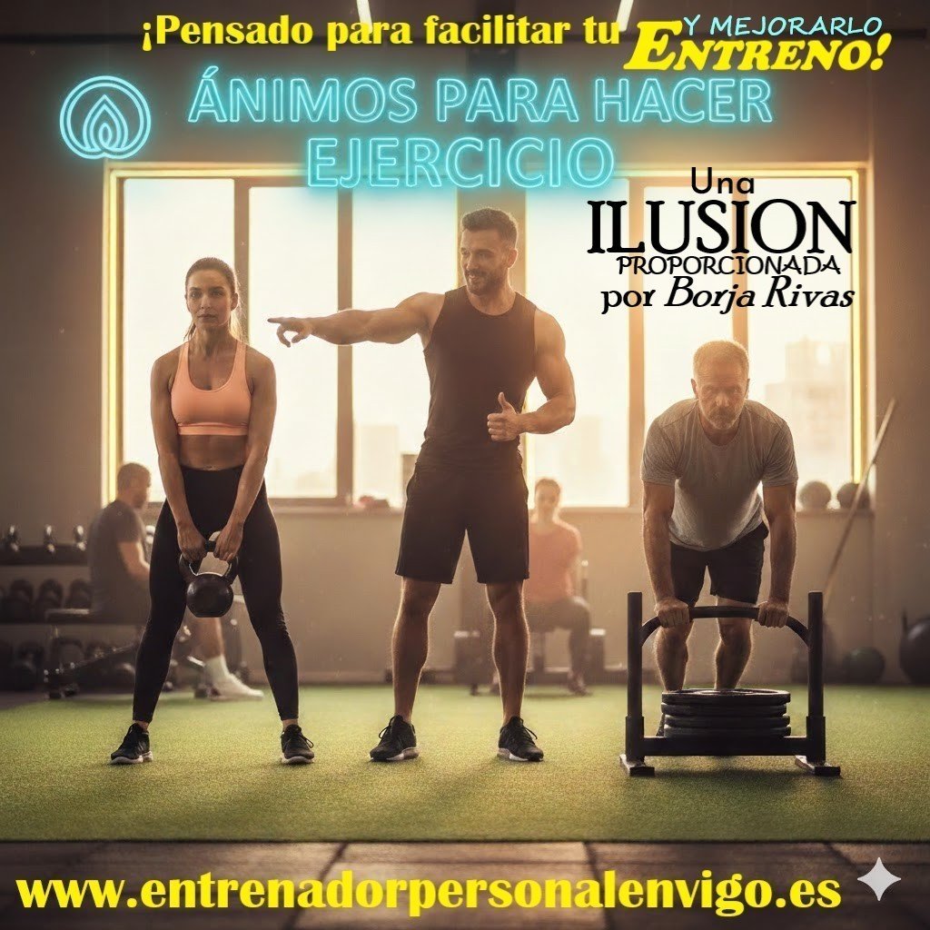una mujer a la izquierda y un hombre a la derecha son guiados a la vez pro su entrenador personal en Vigo durante el programa FIT ánimos para hacer ejercicio