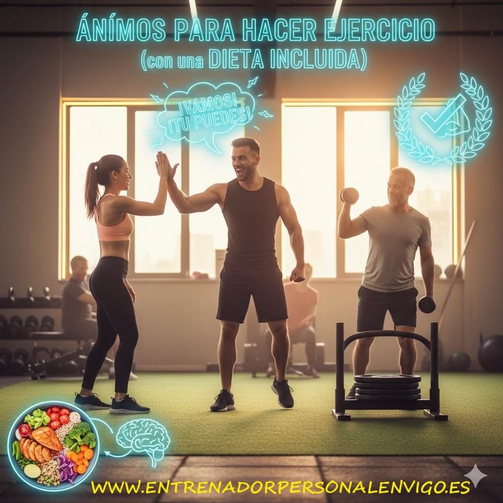 un entrenador personal en el centro choca su mano con una mujer que se encuentra a la izquierda de la imagen y a la derecha un señor de edad avanzada realiza un CURL alterno con mancuernas 