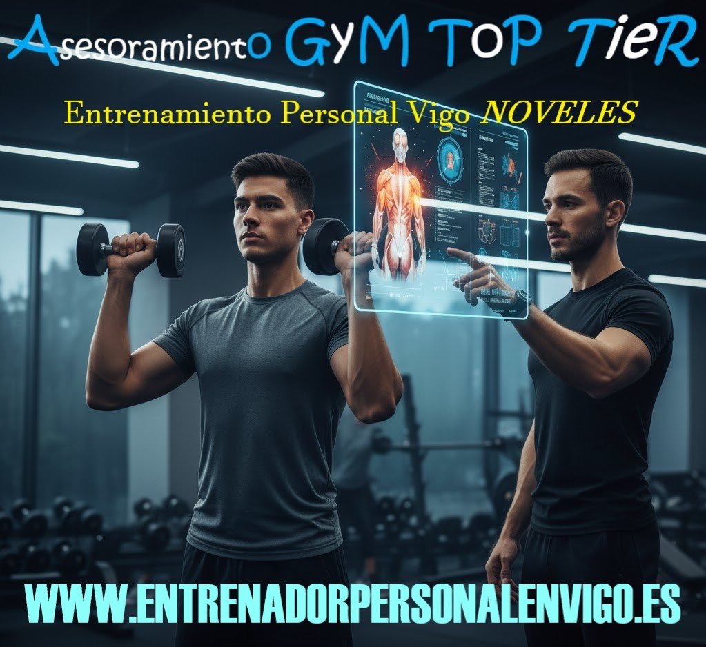 entrenador personal y su alumno en primer plano con este ultimo realizando un PRESS con mancuernas de pie en el gimnasio