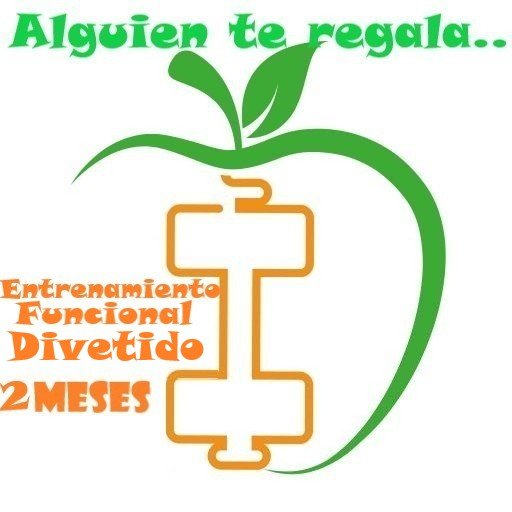 una mancuerna y una manzana junto a la descripción entrenamiento funcional divertido 2 MESES