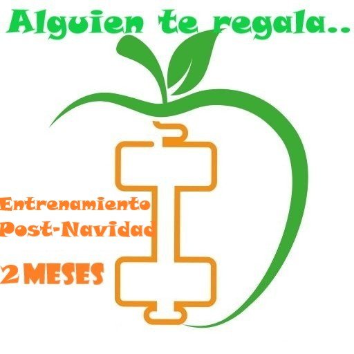 una mancuerna y una manzana junto a la descripción entrenamiento post-navidad 2 MESES