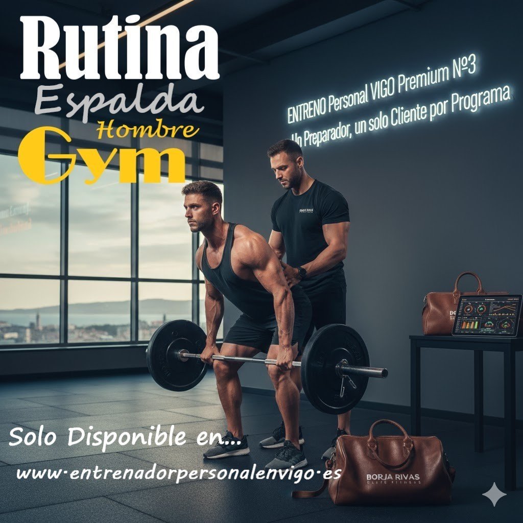 hombre realiza un remo con barra ayudado de su entrenador personal en un gimnasio de Vigo