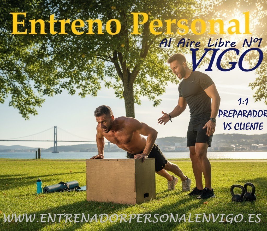 un alumno sigue las instrucciones de un entrenador personal en Vigo realizando al aire libre flexiones de brazo sobre una caja de madera 
