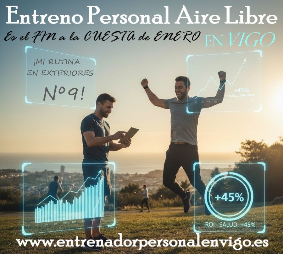 un alumno levanta sus brazos en una zona verde al aire libre con el mar al fondo y a la vez que salta tras hacerle saber su entrenador personal los buenos resultados cosechados 