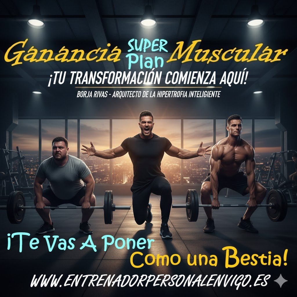 un hombre gordo realizando un ejercicio a la izquierda, un entrenador personal en el centro y un musculado usuario de gimnasio a la derecha