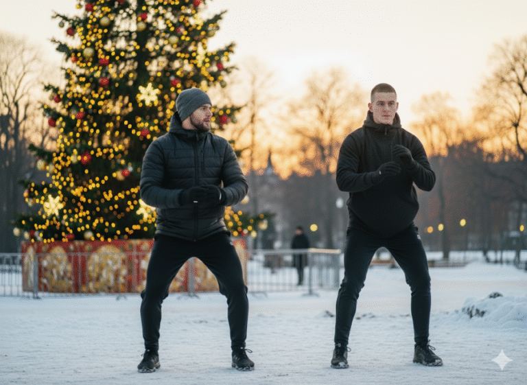 un entrenador personal y su alumno realizan una sesion de entrenamiento al aire libre con nieve en los alrededores y un árbol de navidad de fondo