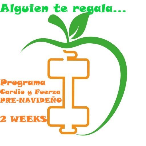 una mancuerna y una manzana junto a la descripción programa cardio y fuerza pre-navideño 2 SEMANAS