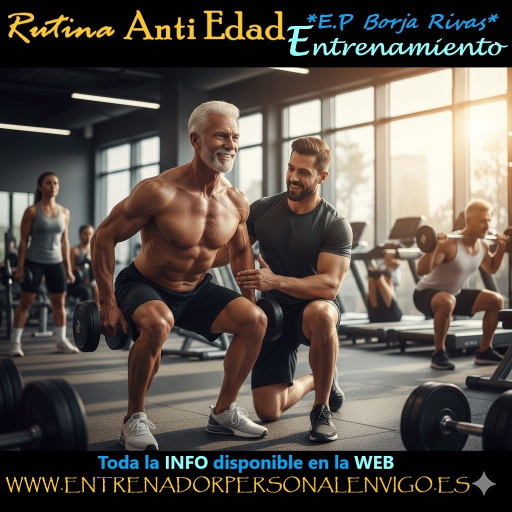 un entrenador personal en Vigo ayuda a un hombre de 65 años a realizar un entrenamiento anti envejecimiento en un gimnasio