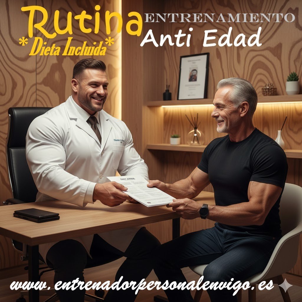 dietista muy fuerte con bata blanca explica los detalles de una dieta personalizada a un hombre de unos 70 años de edad en su consulta privada