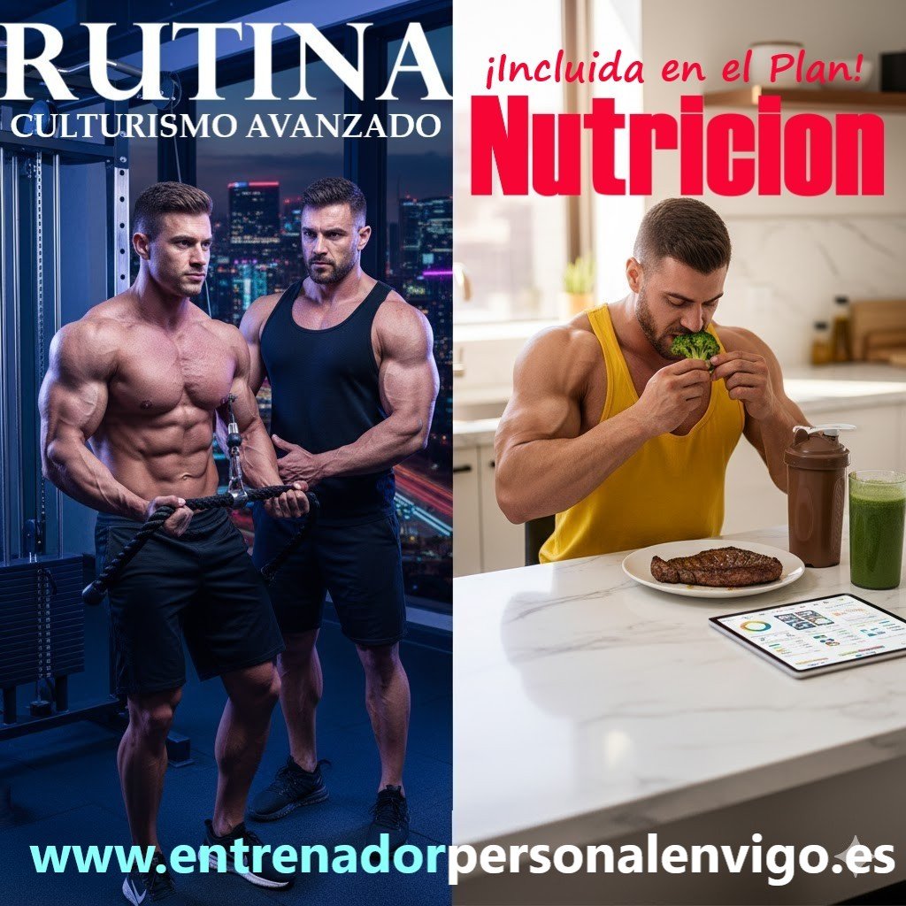 un entrenador personal ayuda a su cliente a realizar un ejercicio de tríceps en polea mientras en la segunda imagen se ve a un hombre haciendo una comida saludable