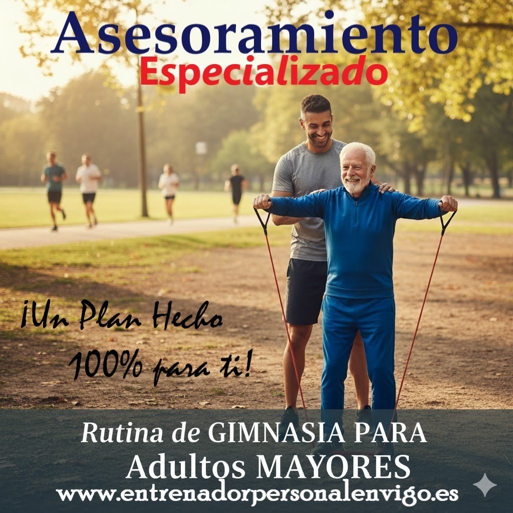 entrenador personal ayuda a un hombre mayor de 65 años a realizar un ejercicio con gomas elásticas en el parque de Cástrelos de Vigo