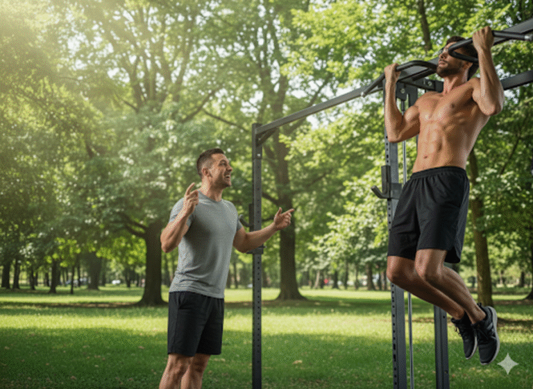 entrenador personal en el parque de Cástrelos de Vigo animando a un cliente principiante a realizar dominadas