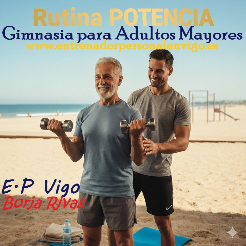 entrenador personal ayuda a un hombre mayor de 65 años a realizar un ejercicio para bíceps en una playa de la ciudad de Vigo en un día soleado 