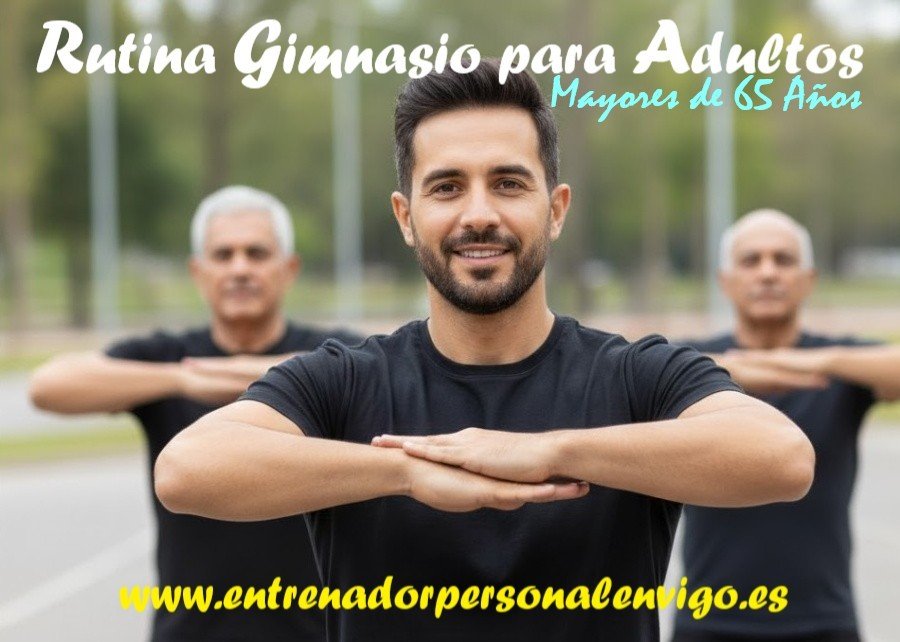 entrenador personal cruza los brazos en primer plano y dos alumnos mayores de 65 años hacen lo mismo en segundo plano y todo ello en una zona verde en exteriores