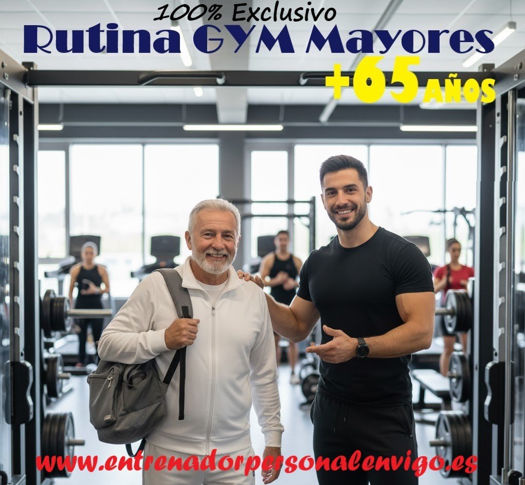 un hombre de 65 años accede a un gimnasio y su entrenador personal le espera para saludarle antes de su entrenamiento personalizado