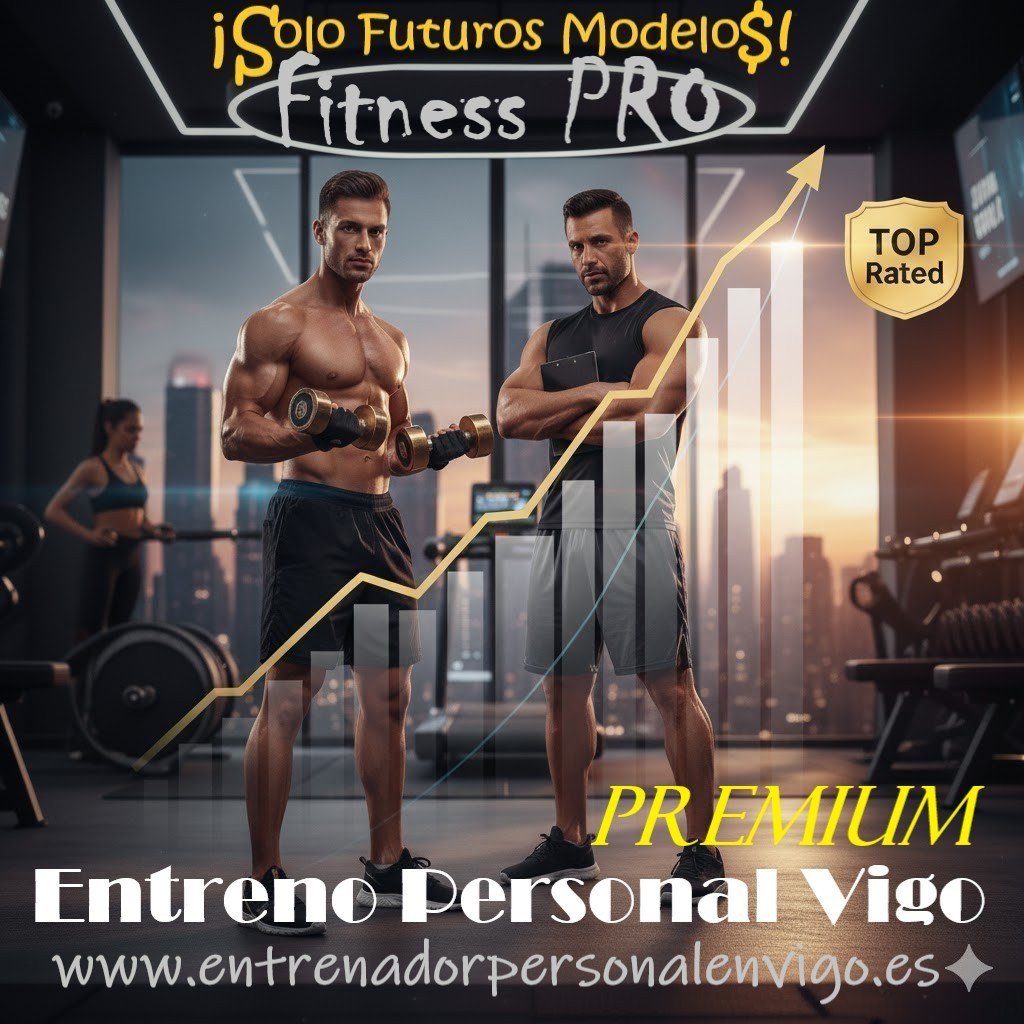 un entrenador personal a la derecha con los brazos cruzados y a la izquierda su alumno un modelo masculino sin camiseta y musculado levantando a la vez un par de mancuernas