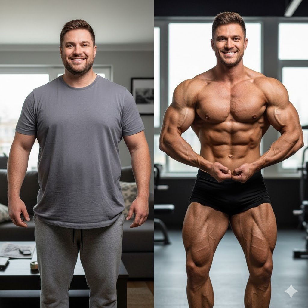 un antes de una persona obesa que viste una camiseta gris y un después en donde se ve al mismo hombre super musculado y únicamente vestido con un bóxer negro 