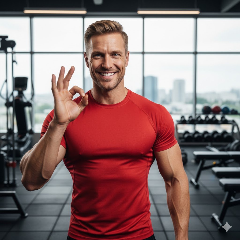 hombre con pelo rubio realiza la señal de OK con su mano derecha en un gimnasio 