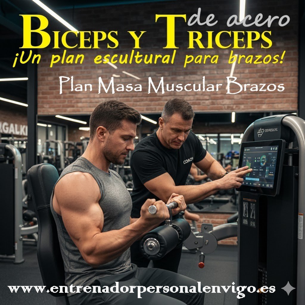 cliente de camiseta de asas gris realiza un ejercicio de bíceps en maquina sentado y al lado su entrenador personal enseñando como va el funcionamiento del mismo 