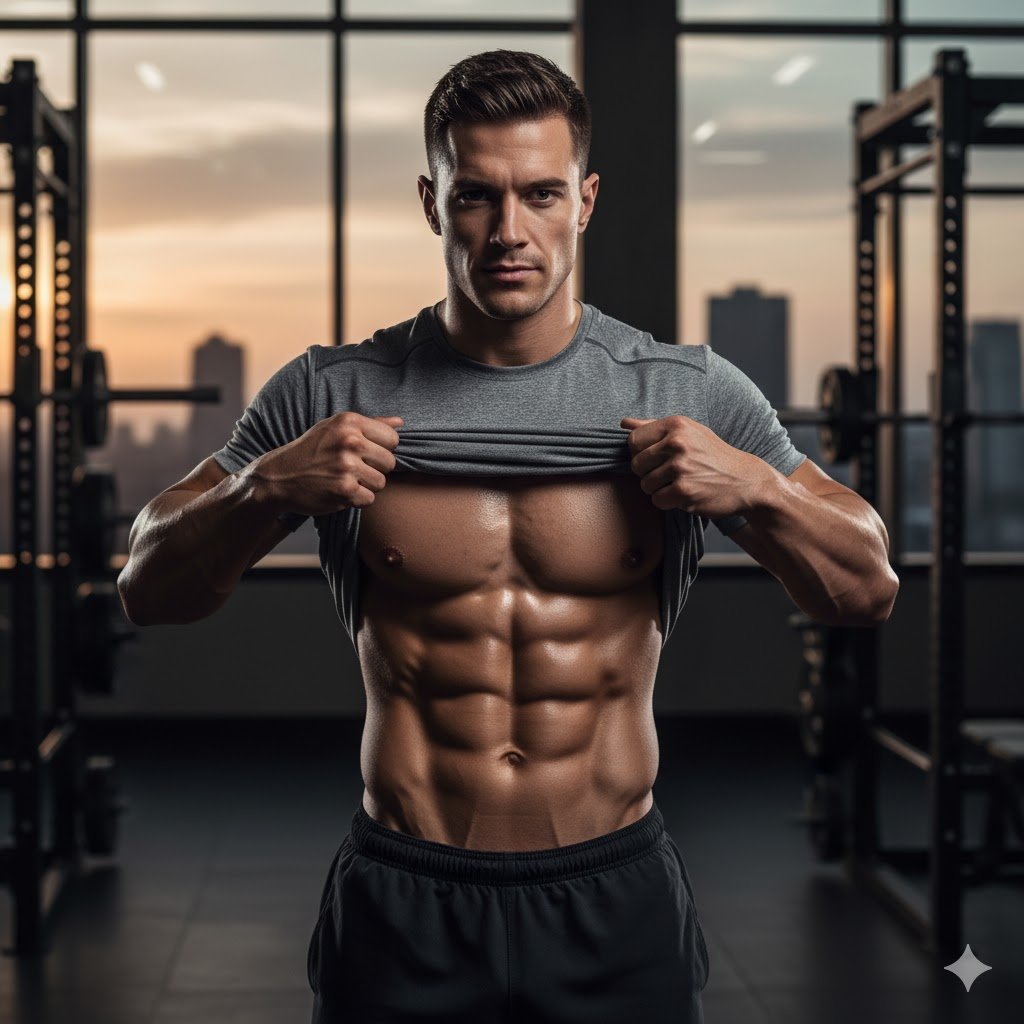 un hombre de edad intermedia levanta su camiseta y deja ver unos abdominales impresionantes y definidos