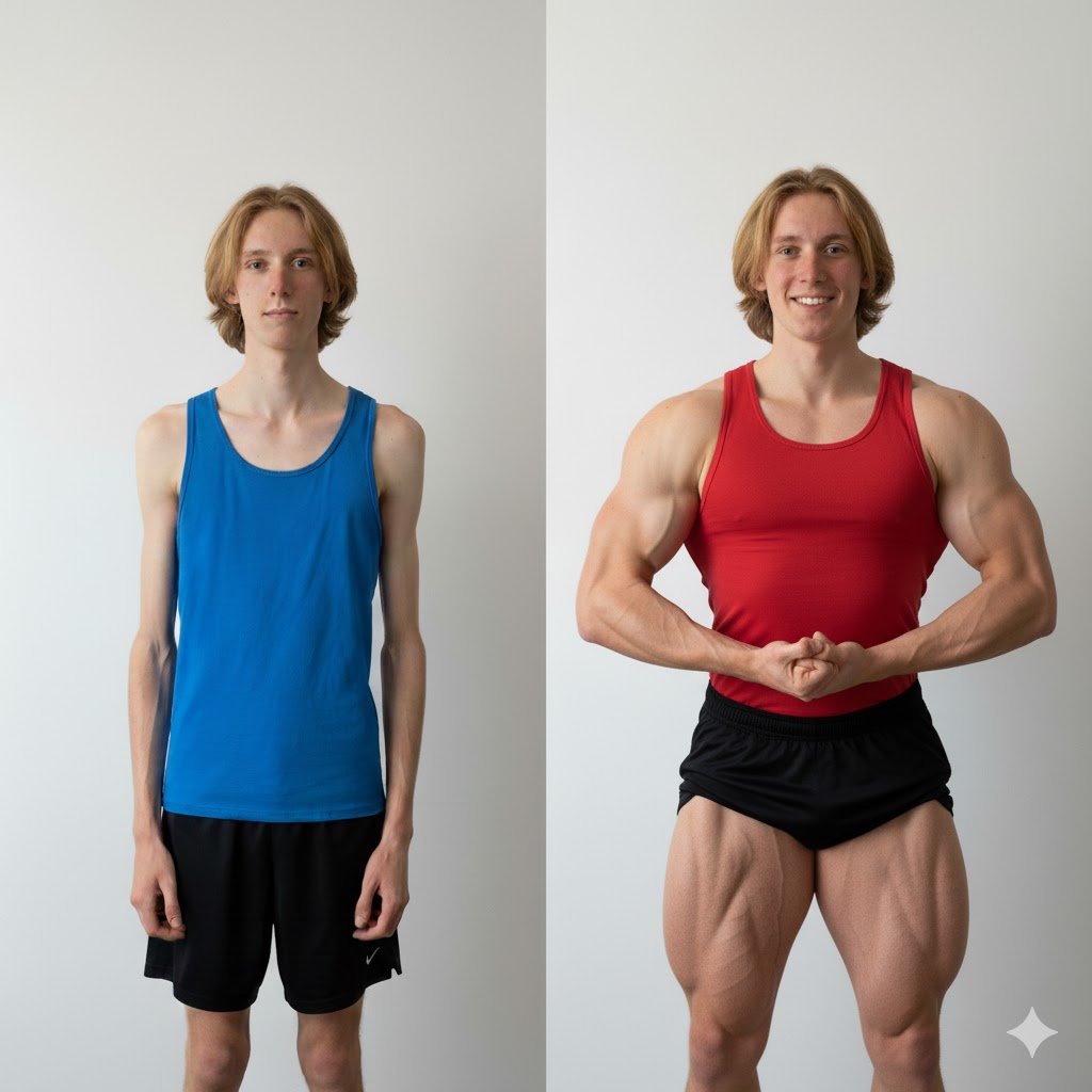 un hombre joven en la foto del antes con camiseta azul y pantalón negro al que se le ve muy delgado mientras en la segunda foto del después se ve al mismo chico anterior pero super musculado vistiendo camiseta de asas roja y SHORT negro dejandose ver perfectamente unos cuádriceps muy desarrollados  