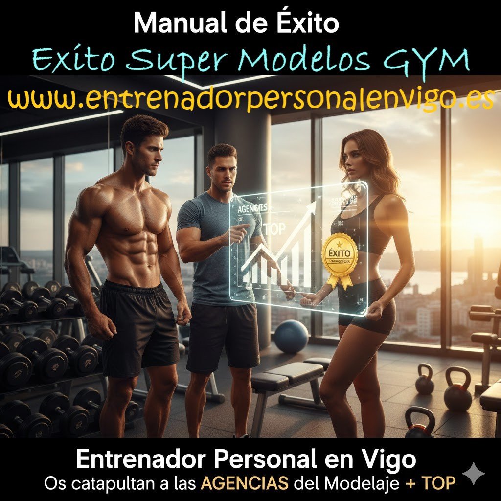 un hombre a la izquierda y una mujer a la derecha ambos modelos, en el centro un entrenador personal en un gimnasio 