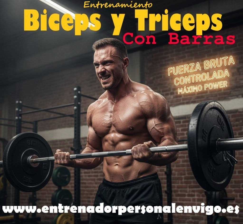 usuario de gimnasio realiza un CURL bíceps barra pesado