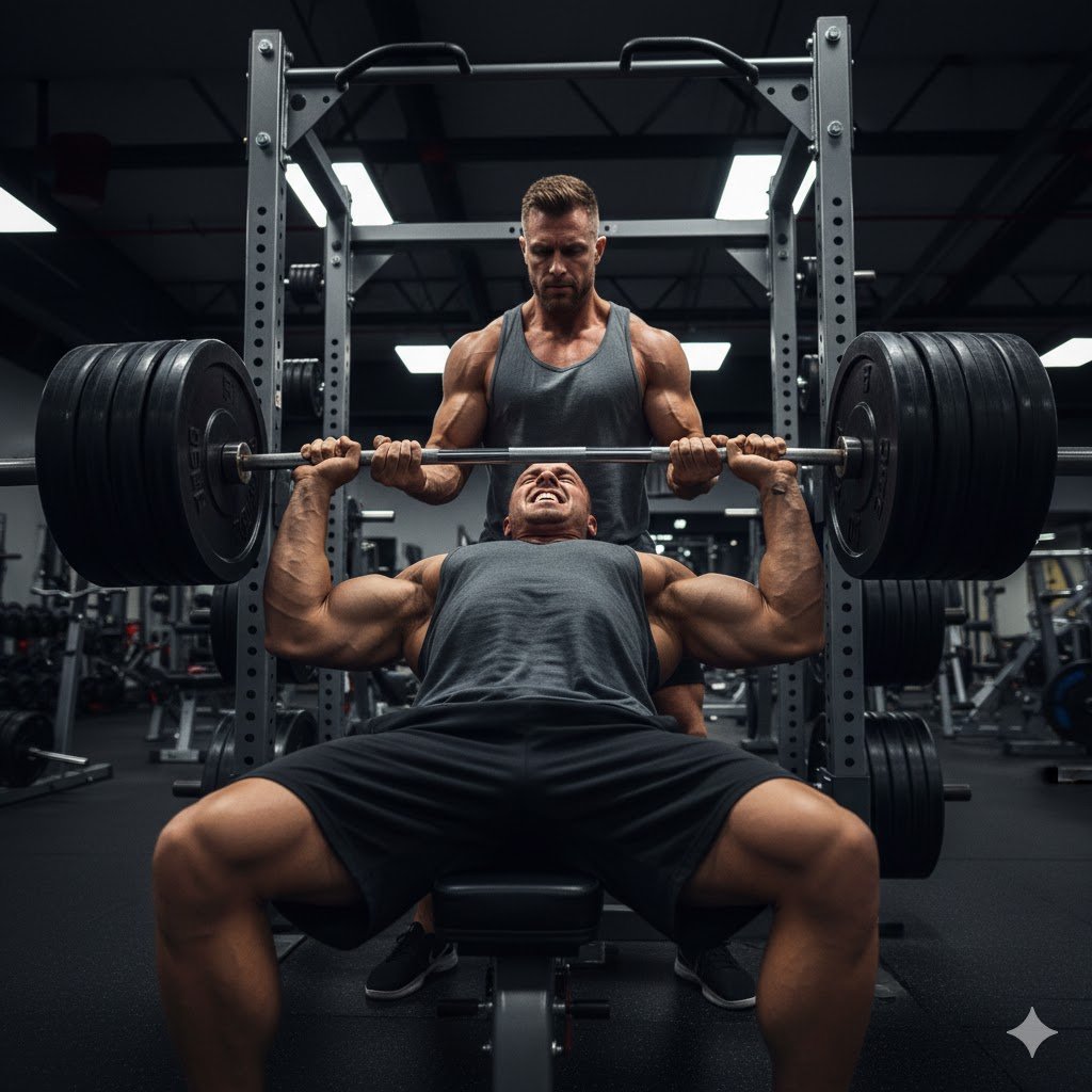 un usuario de GYM muy fuerte realiza una serie de PRESS de banca muy pesado ante la atenta mirada de su entrenador personal que se ve al fondo de la imagen