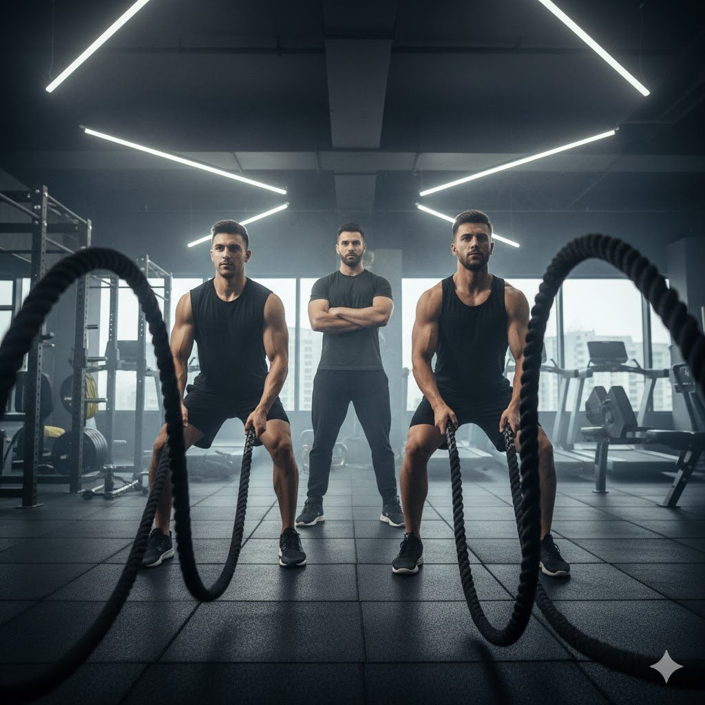 dos hombres realizan un ejercicio de serpenteo con cuerdas ante la atenta mirada de su entrenador personal 