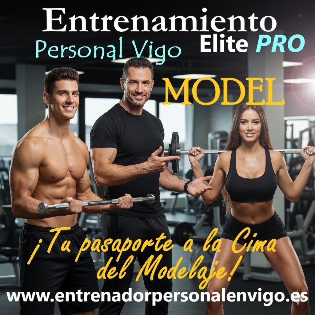 un modelo masculino a la izquierda, un entrenador personal en el centro y una modelo femenina a la derecha de la imagen en un gimnasio