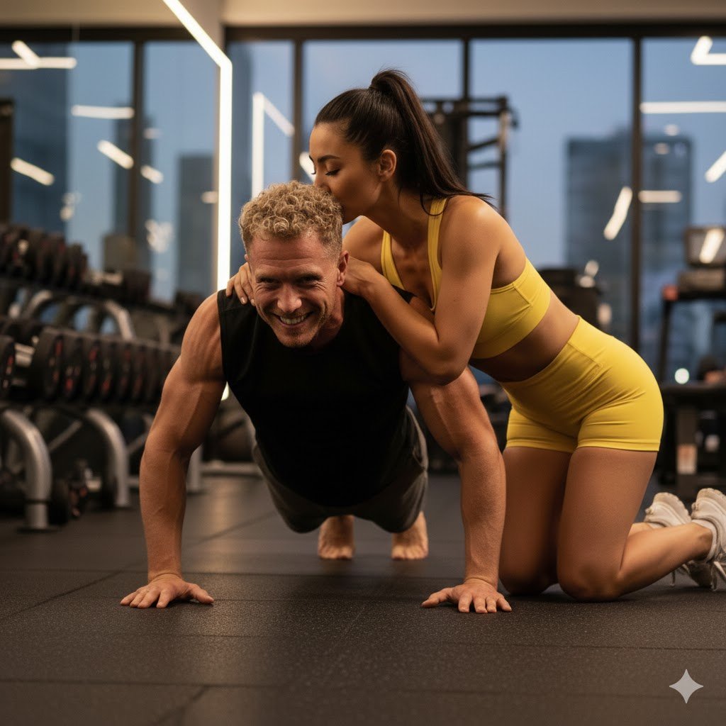 un hombre de pelo corto y rubio sonríe al realizar una flexión en el suelo mientras una mujer de TOP y malla inferior amarillo le besa en su cabeza dentro de un gimnasio