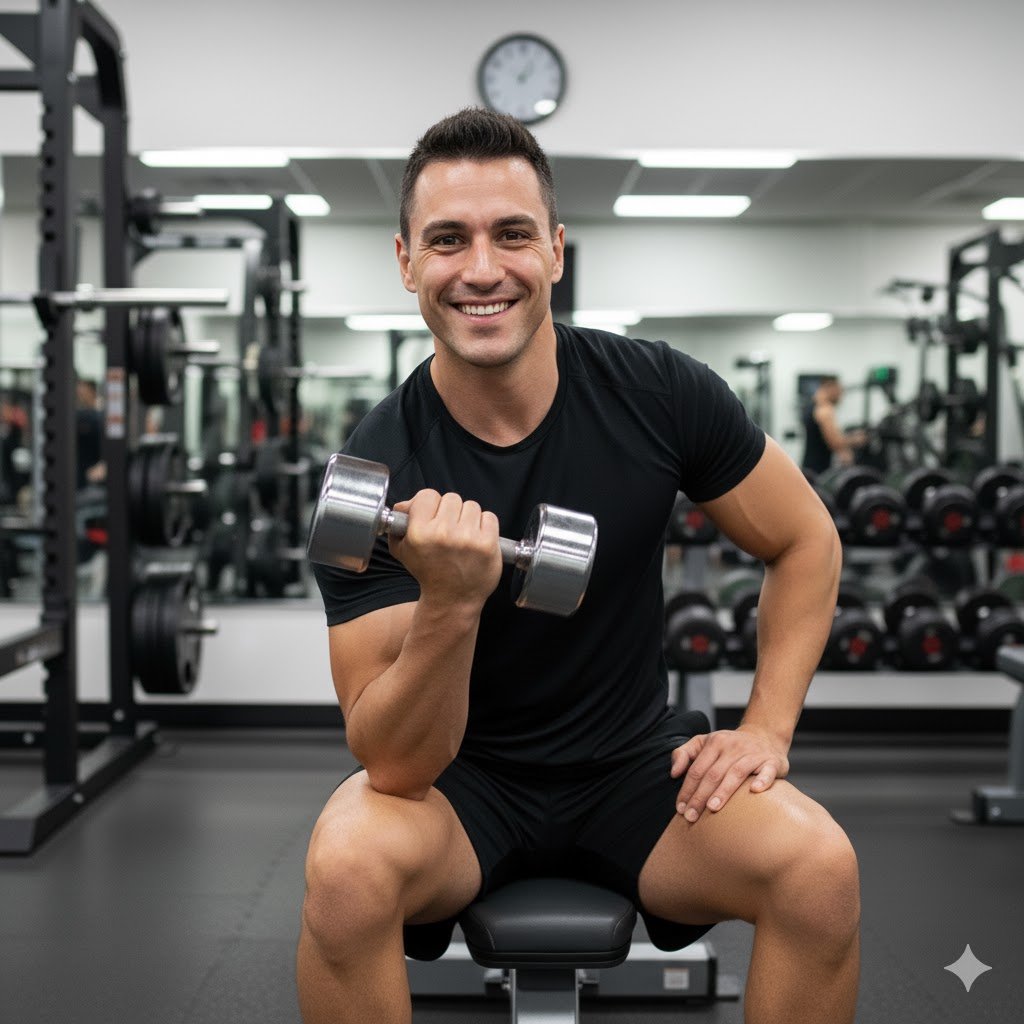 hombre de unos 30 años realiza un CURL de bíceps con su brazo derecho mientras apoya su mano izquierda en su rodilla y se encuentra sentado en un banco de gimnasio mientras a su vez sonríe a la cámara