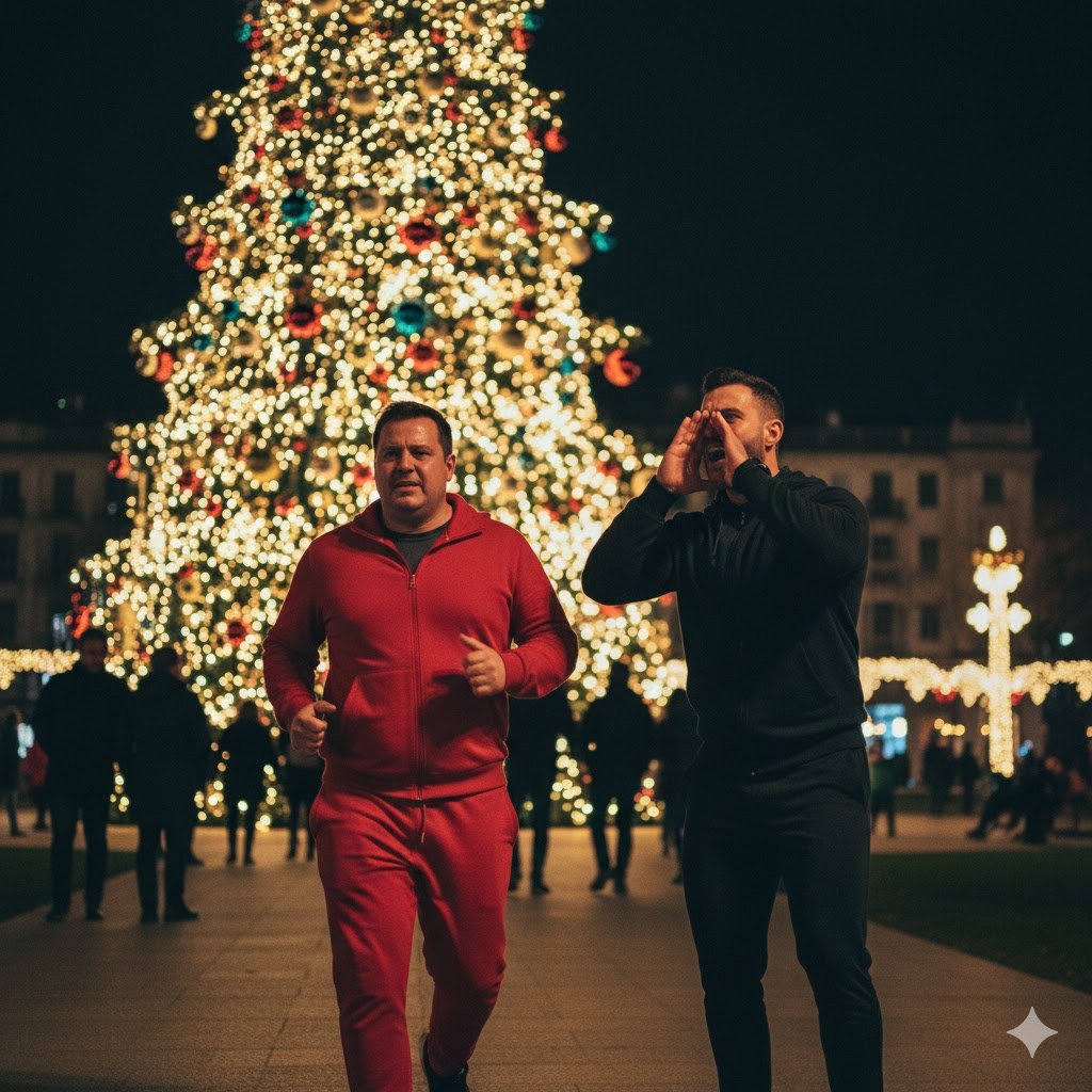 un hombre gordito de chándal rojo corre en la imagen mientras su entrenador personal vestido de negro le grita con sus dos manos en la boca para que se esfuerve mas y al fondo de la imagen se ve un árbol de navidad luminoso  