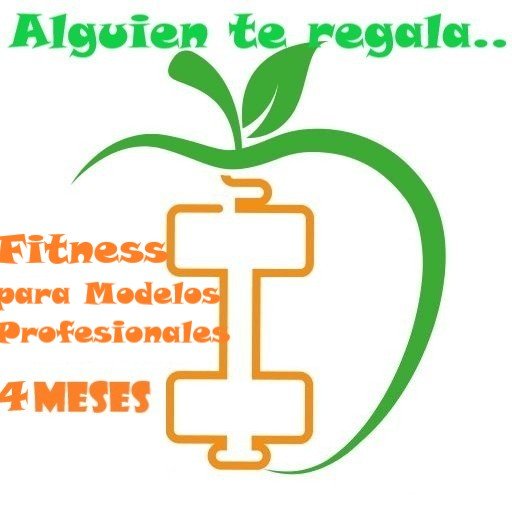 una mancuerna y una manzana junto a la descripción fitness para modelos profesionales 4 MESES