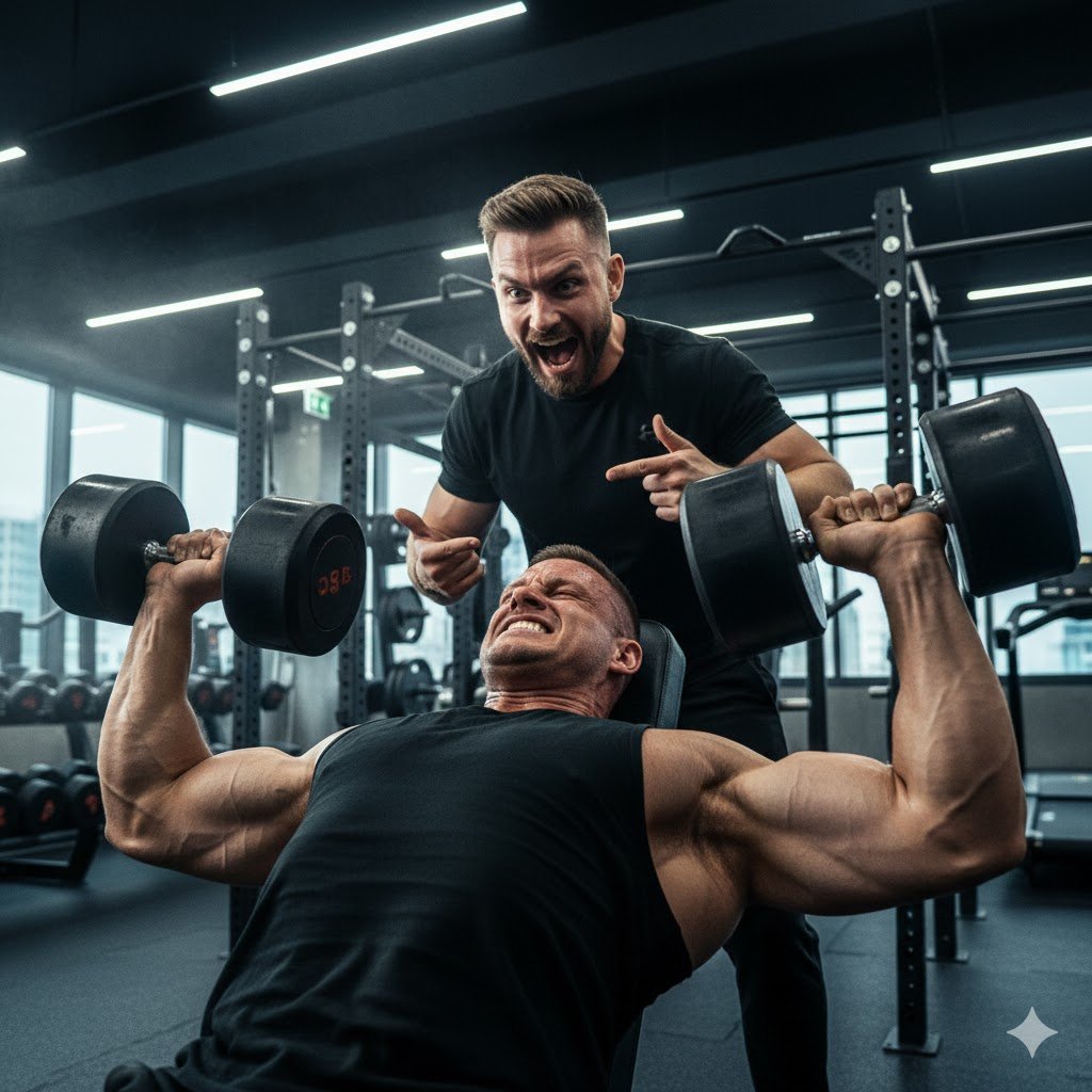 un hombre musculado realiza un PRESS con mancuernas en una banca inclinada mientras su entrenador personal se pone de los nervios y lo anima emocionalmente para que complete la serie 