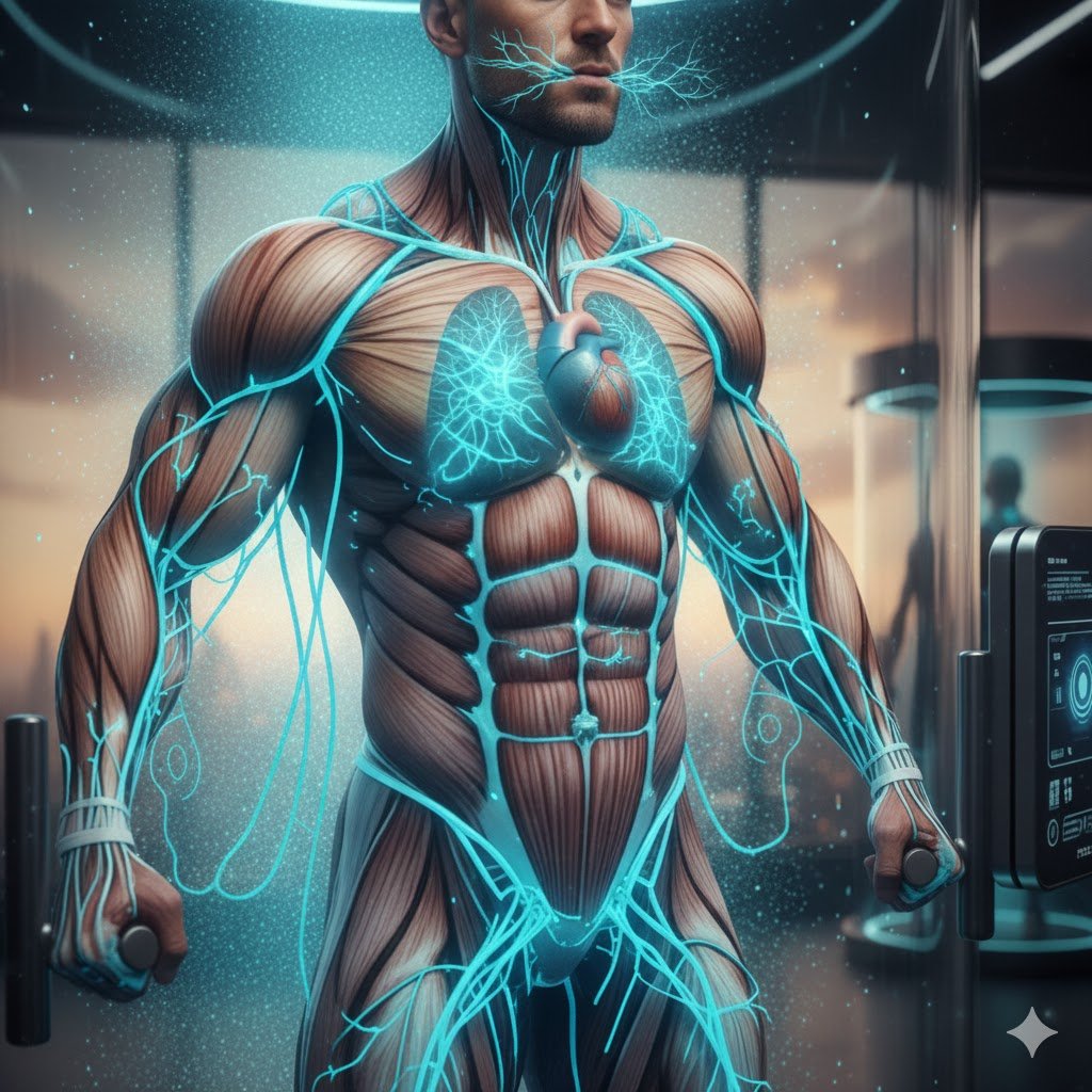 cuerpo de un ser humano muy musculado en forma de dibujo en el que se ve como la energía fluye con color azul en su interior