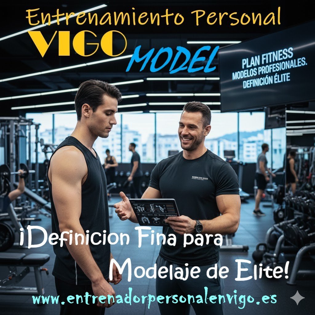entrenador personal explica un plan fitness para modelos profesionales a una futura promesa masculina de la pasarela en un gimnasio de Vigo