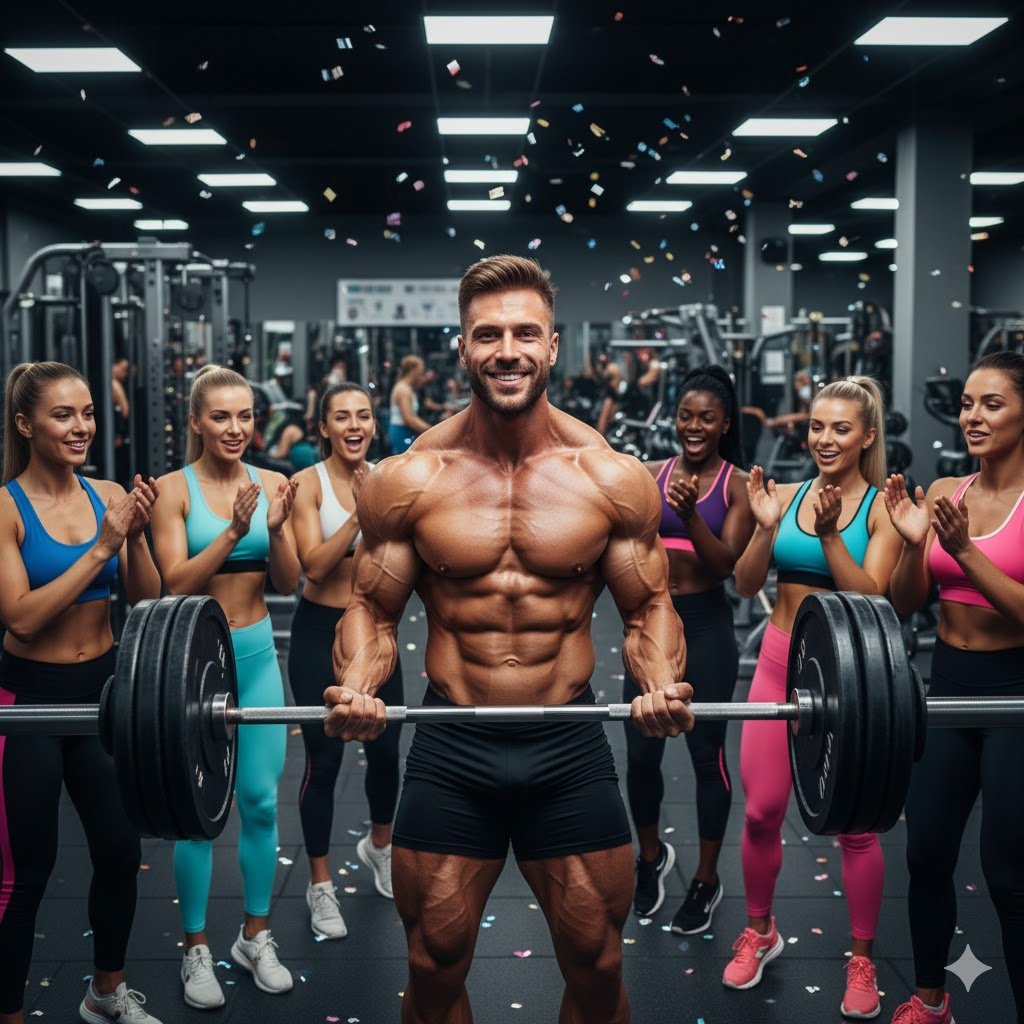 hombre sin camiseta muy fuerte muscularmente realiza un CURL de bíceps con barra antes la atenta mirada de unas admiradoras que le aplauden efusivamente en un gimnasio 