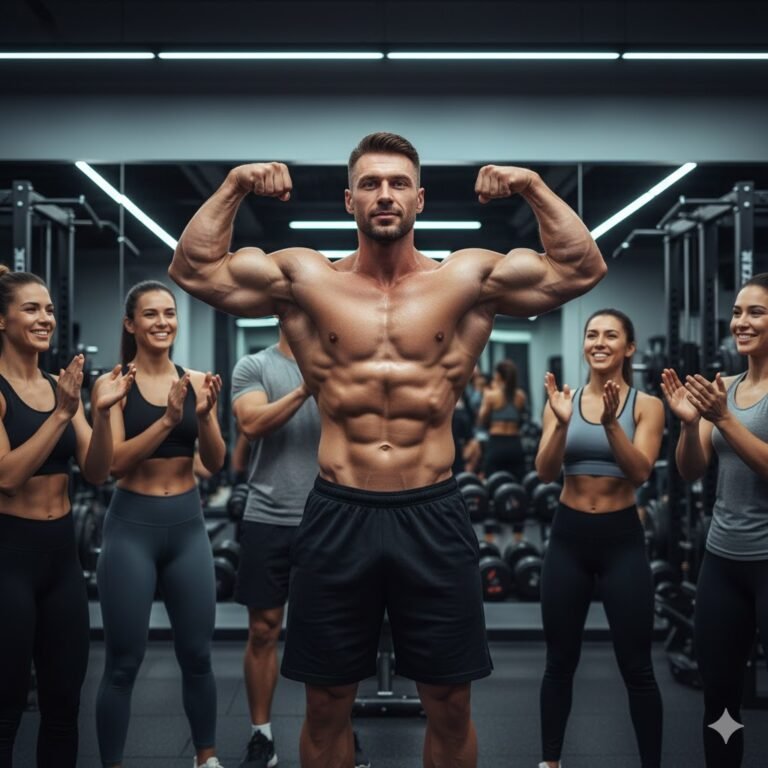 usuario de gimnasio muy musculado realiza una pose de doble bíceps ante cuatro mujeres y un hombre que le aplauden en un segundo plano